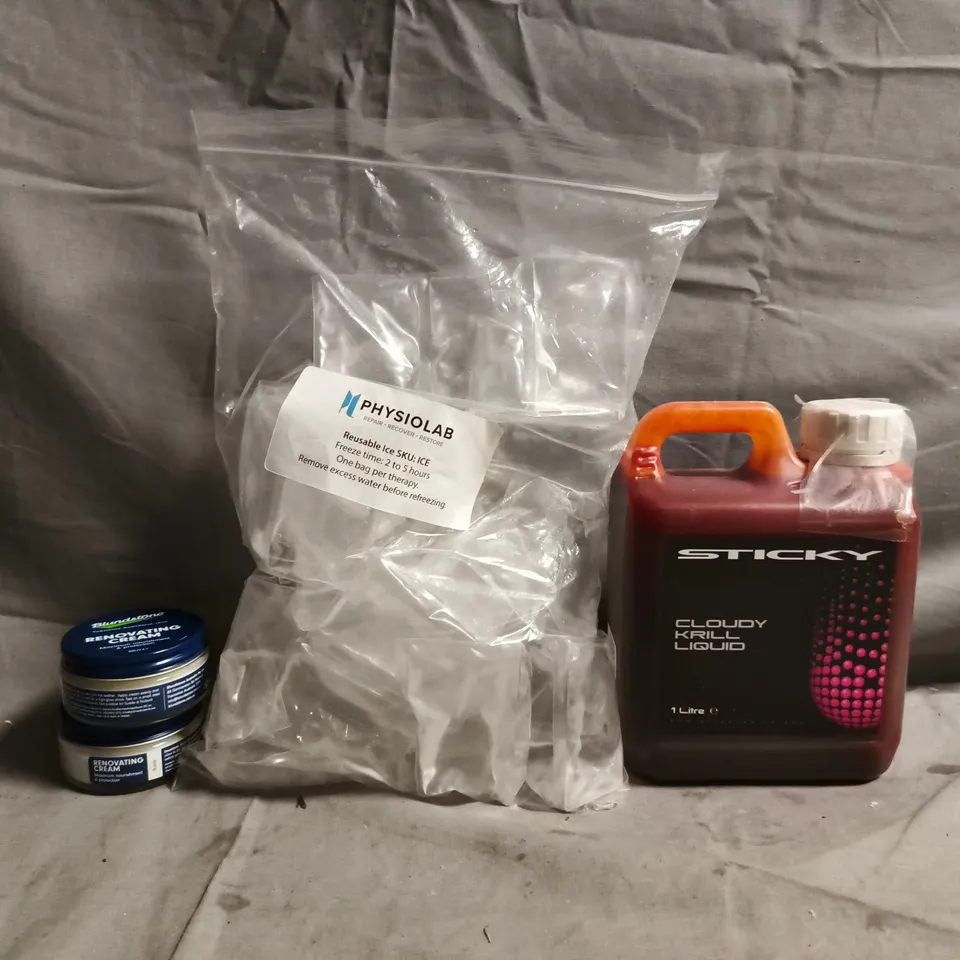 APPROXIMATELY 10 ASSORTED HOUSEHOLD ITEMS TO INCLUDE STICKY CLOUDY KRILL LIQUID (1L), PHYSIOLAB REUSABLE ICE, ETC