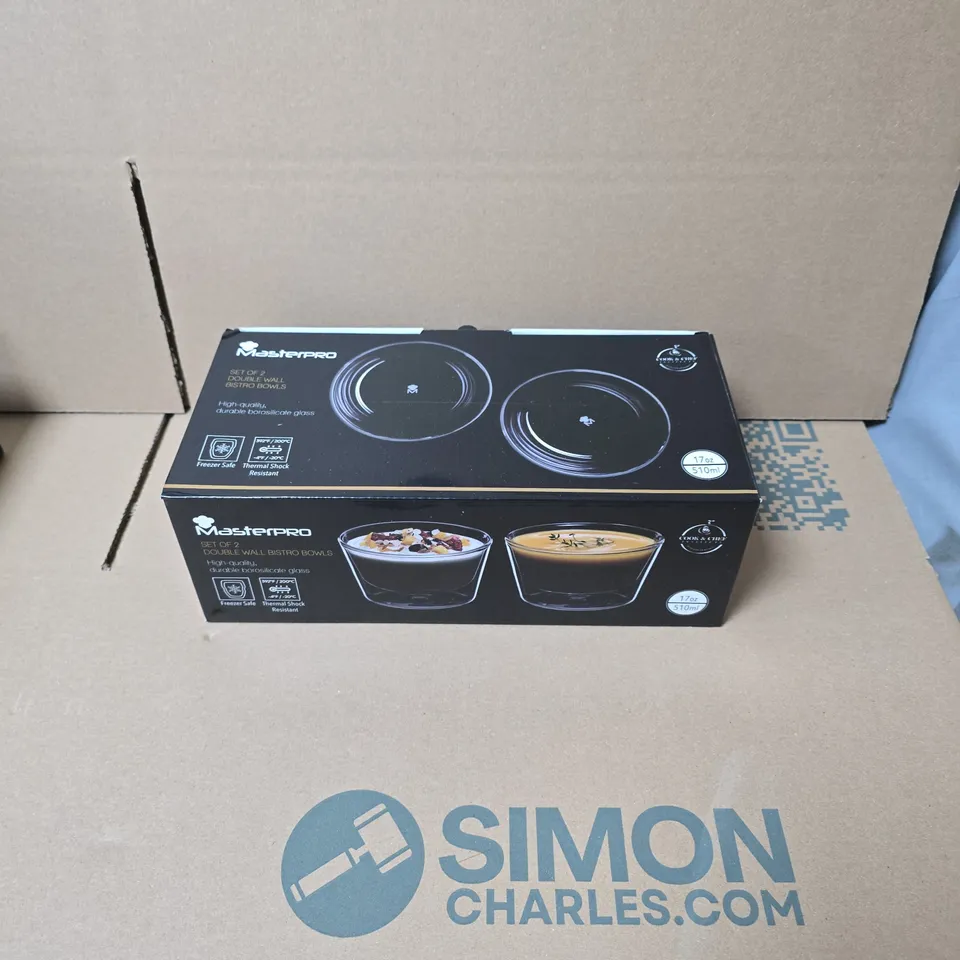 MASTERPRO SET OF 2 DOUBLE-WALL BISTRO BOWLS – BOROSILICATE GLASS, 510ML (BOXED)