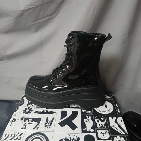 KOI UK 6 BLACK PATENT COMBAT BOOTS – STYLE SWVD-03