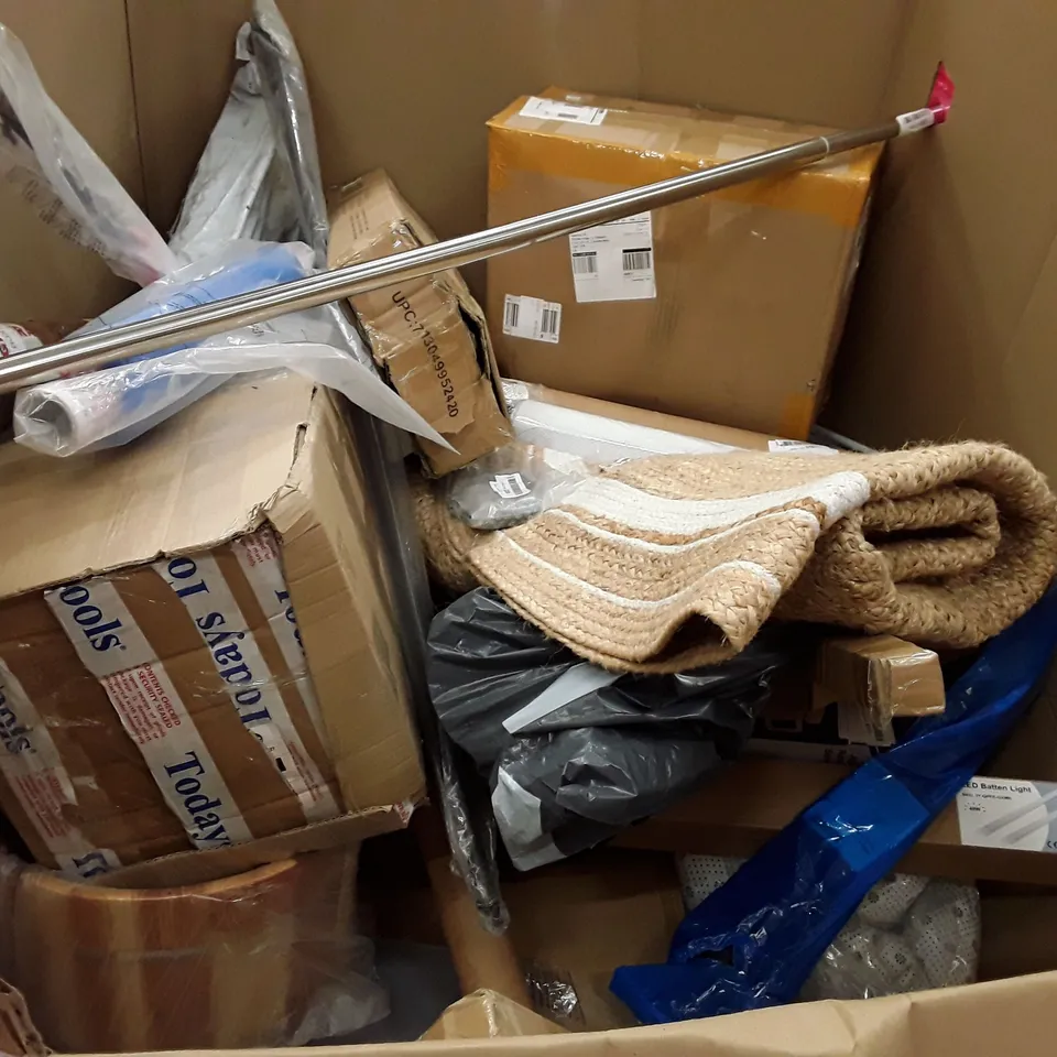 PALLET OF ASSORTED PRODUCTS INCLUDING ACCSTORE FABRIC WARDROBE, LED BATTEN LIGHT, RETRACTABLE SAFETY GATE, TOILET SEAT, FLOOR MAT
