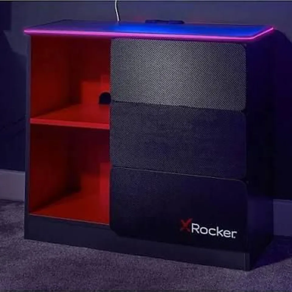 BOXED X ROCKER CARBON-TEK GAMING STORAGE SIDEBOARD WITH DRAWERS, SHELVES AND LEDS (1 BOX)