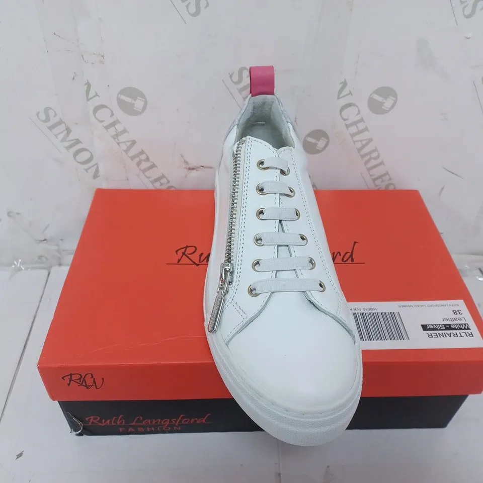 BOXED PAIR OF RUTH LANGSFORD ZIP TRAINERS IN WHITE/PINK - SIZE 5