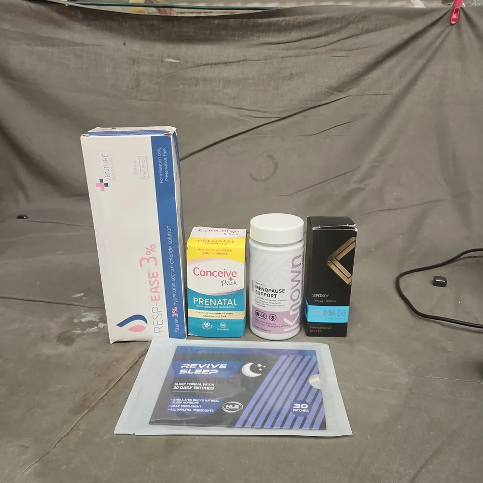 TOTE OF APPROXIMATELY 20 ASSORTED HEALTHCARE PRODUCTS TO INCLUDE REVIVE PATCHES - SODIUM CHLORIDE SOLUTIONS AND MULTI-VITAMINS