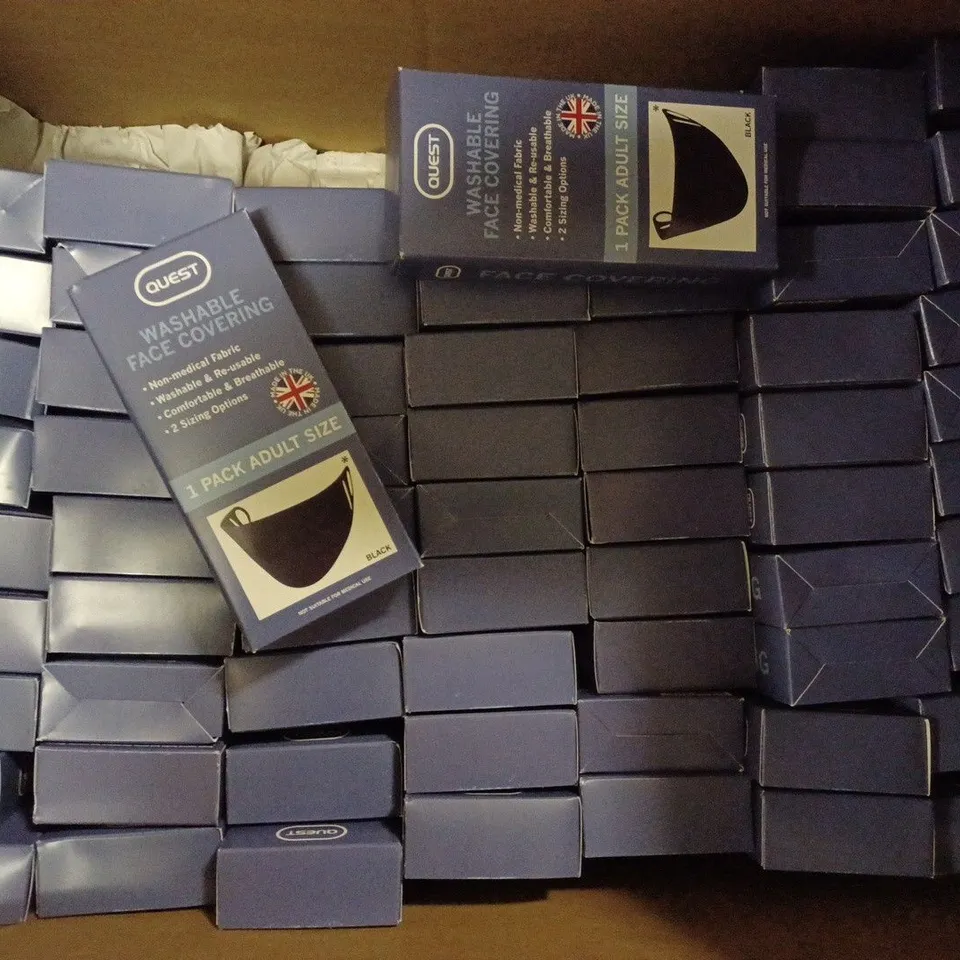 BOX OF APPROXIMATELY 50 PACKS OF QUEST WASHABLE FACE COVERING