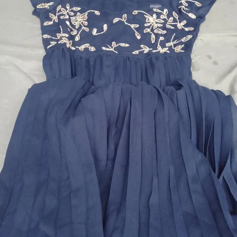 WALLIS PETITE EMBELLISHED LACE PLEATED MIDI DRESS, NAVY - UK SIZE 12