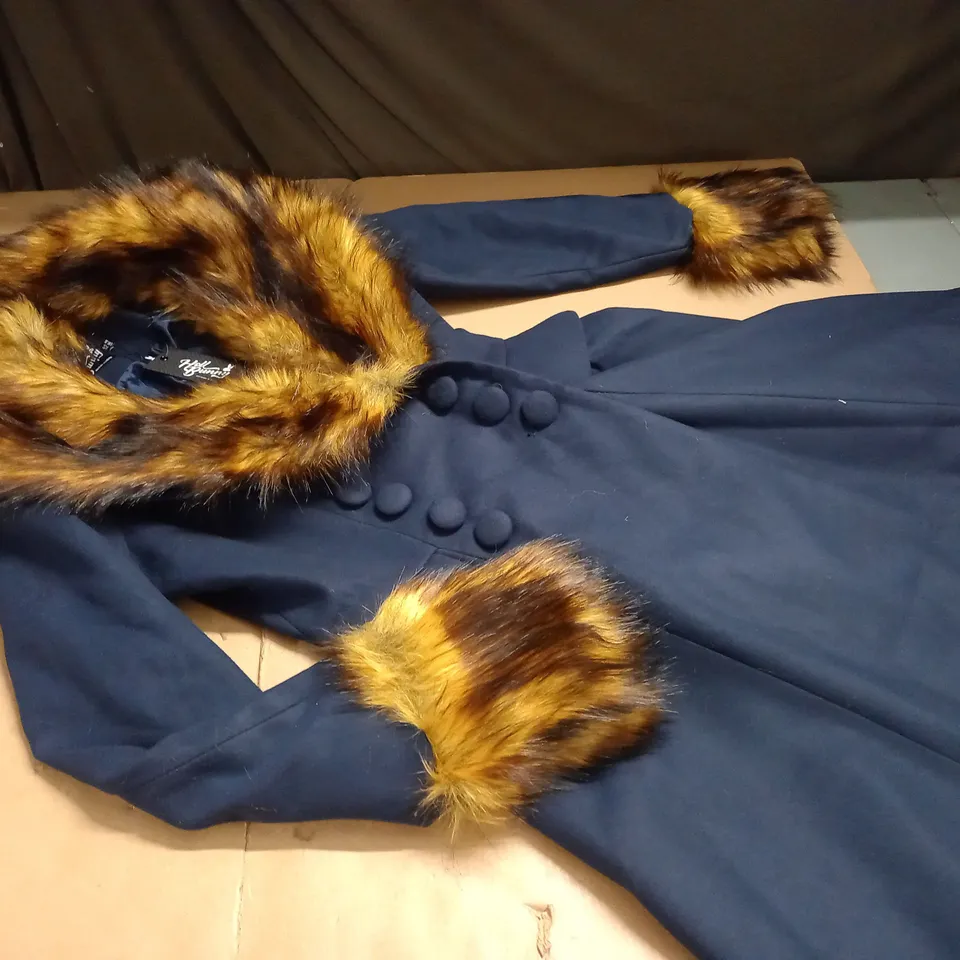 HELL BUNNY NAVY FAUX FUR TRIMMED COAT - UK 8