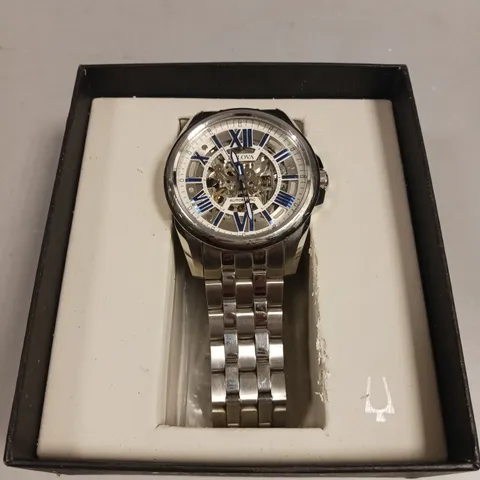 BULOVA MENS SKELETON DIAL EXHIBITION CASE WATCH