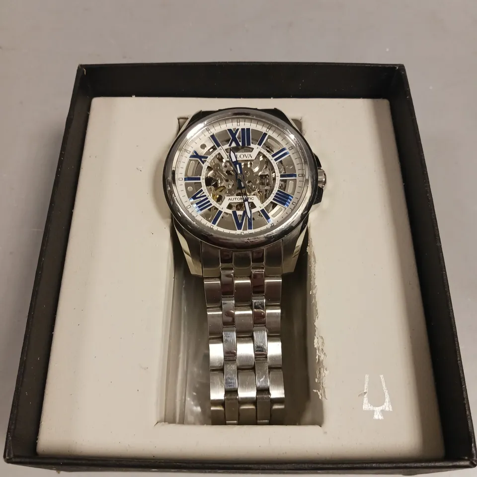 BULOVA MENS SKELETON DIAL EXHIBITION CASE WATCH
