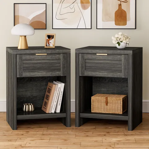 BOXED ARKANTOS NIGHTSTAND WITH DRAWERS FARMHOUSE BEDSIDE TABLE - NATURAL OAK