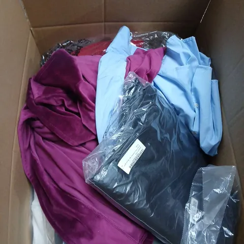 LARGE BOX OF ASSORTED CLOTHING ITEMS IN VARIOUS SIZES, STYLES AND COLOUR 