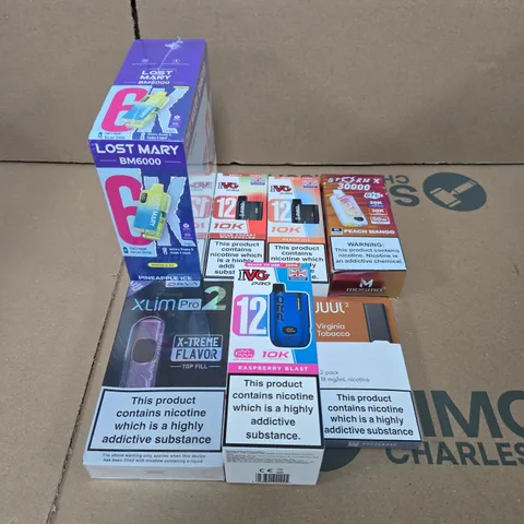 APPROXIMATELY 20 ASSORTED E-CIGARETTE & VAPING ITEMS IN VARIOUS BRANDS TO INCLUDE LOST MARY, IVG, STORM X ETC