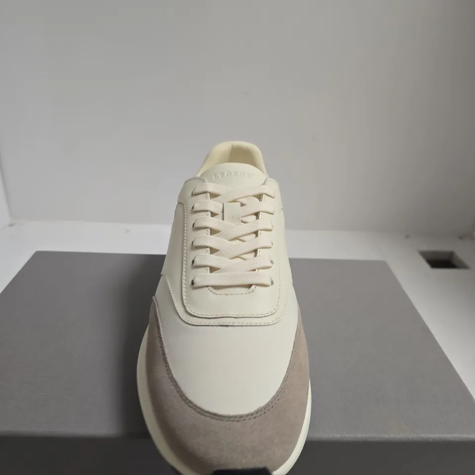 BOXED PAIR OF LEGEND BEIGE & WHITE FORMA RUNNER SNEAKERS – UK 9