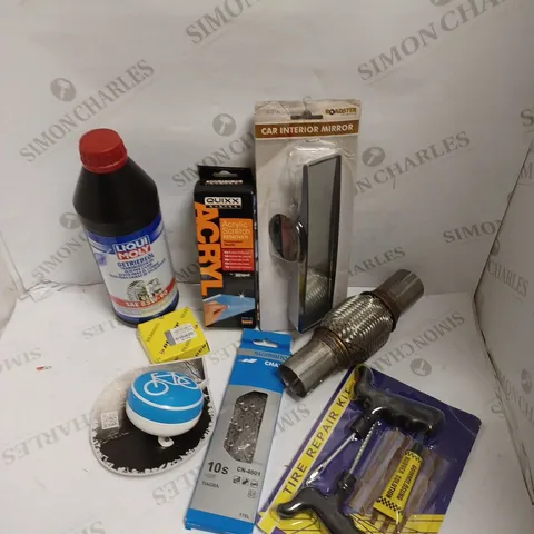 BOX OF APPROXIMATELY 15 ASSORTED VEHICULAR PARTS & ACCESSORIES TO INCLUDE TRANSMISSION OIL, CAR INTERIOR MIRROR, EXHAUST FLEX PIPE ETC