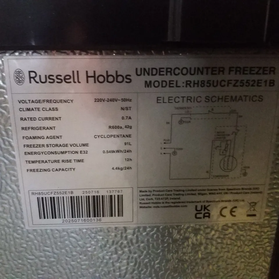 RUSSELL HOBBS RH85UCFZ552E1B UNDER COUNTER FREEZER - BLACK