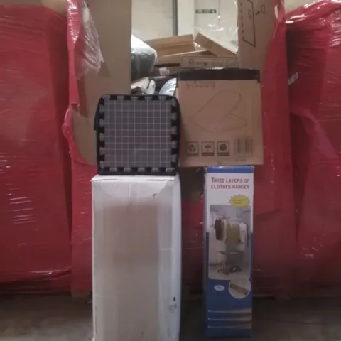 PALLET OF ASSORTED HOUSEHOLD GOODS AND FURNITURE TO INCLUDE; THREE LAYERS CLOTHES HANGER, THASS DYNAMIC TOILET SEAT, FLOOR BLOCKS ETC