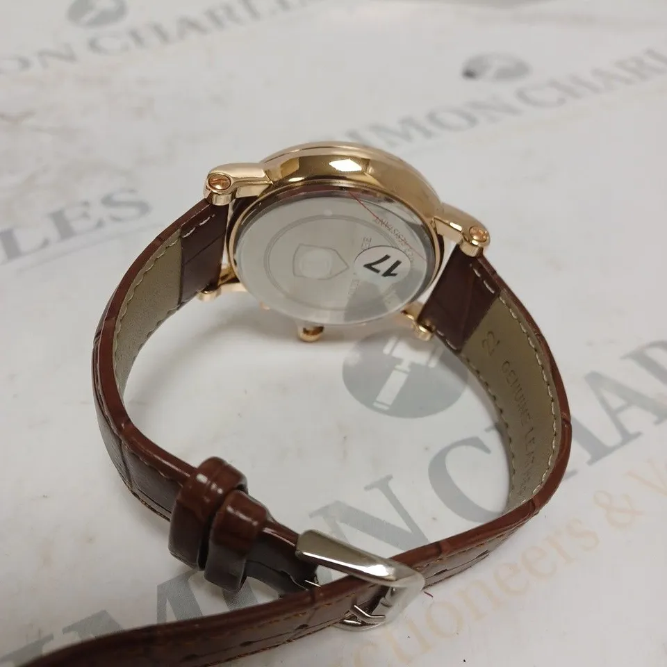 MENS LOUIS LACOMBE CHRONOGRAPH WATCH – MULTI FUNCTION DIAL WITH DATE – ROMAN NUMERAL DIAL – LEATHER STRAP – GIFT BOX