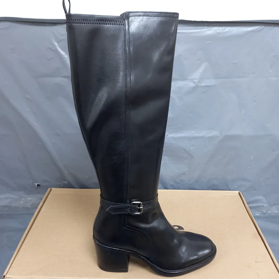 BOXED PAIR OF DUNE BLACK LEATHER BUCKLE HEELED HIGH LEG BOOTS SIZE 7