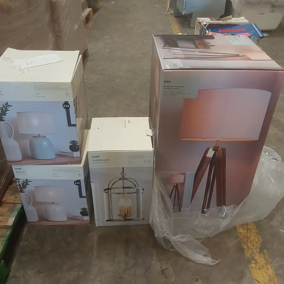 PALLET CONTAINING A VERY LARGE QUANTITY OF ASSORTED DESIGNER LIGHTING PRODUCTS INCLUDING: AMALFI TABLE LAMPS, HURRICANE PENDANT LIGHT, TRIO FLOOR LIGHT ECT