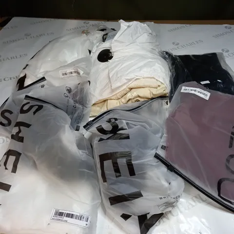 BOX OF ASSORTED CLOTHING ITEMS TOO INCLUDE DRESSES , SHIRTS AND TROUSERS IN VARIOUS SIZES AND COLOURS