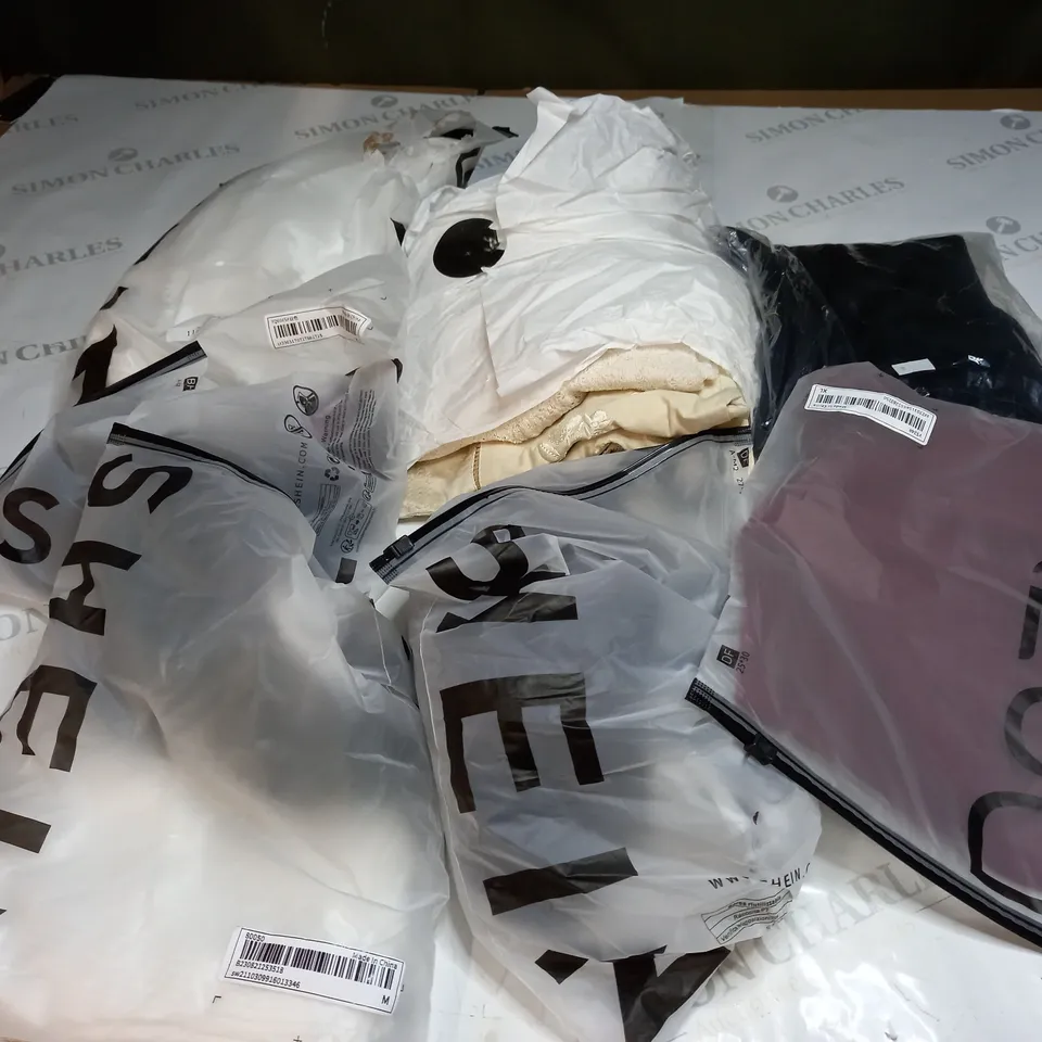  BOX OF ASSORTED CLOTHING ITEMS TOO INCLUDE DRESSES , SHIRTS AND TROUSERS IN VARIOUS SIZES AND COLOURS   