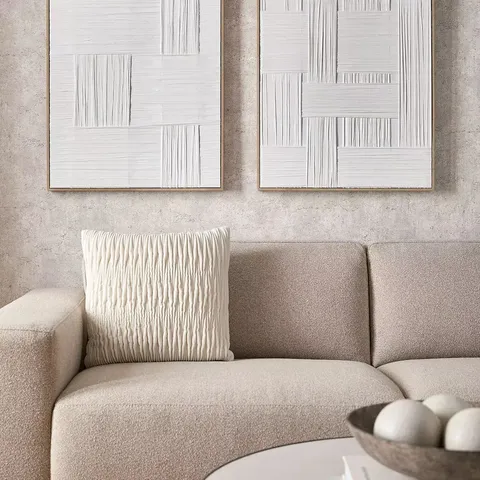 WHITE WOVEN FABRIC FRAMED CANVAS WALL ART  - COLLECTION ONLY