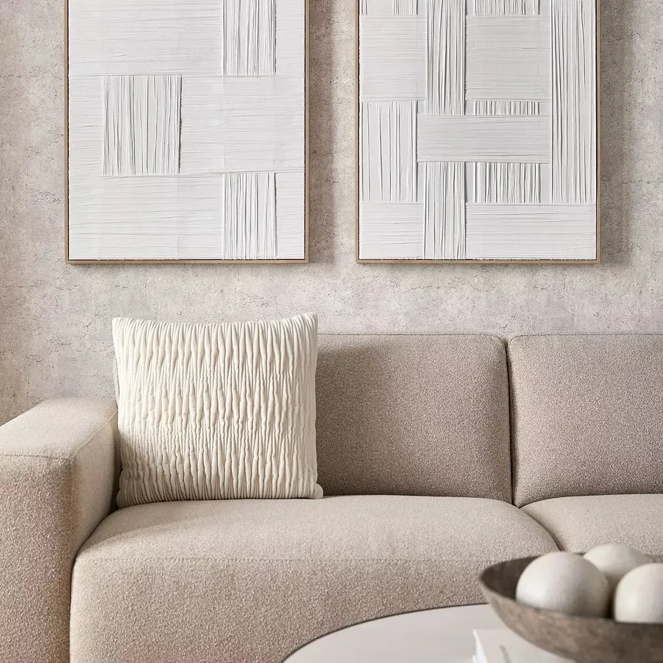 WHITE WOVEN FABRIC FRAMED CANVAS WALL ART  - COLLECTION ONLY