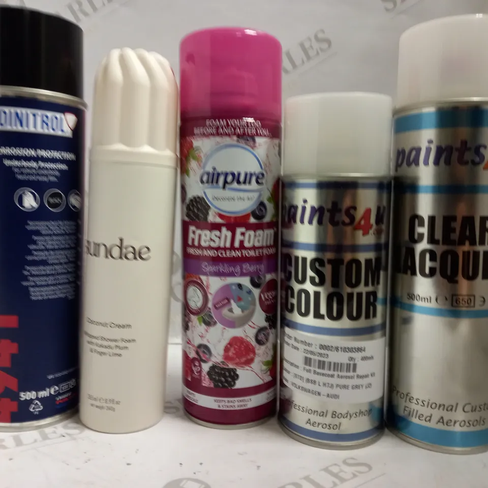 BOX OF APPROX 10 ASSORTED AEROSOLS INCLUDING DINITROL CORROSION PROTECTION, SUNDAE COCONUT CREAM, AIRPURE FRESH FOAM - COLLECTION ONLY