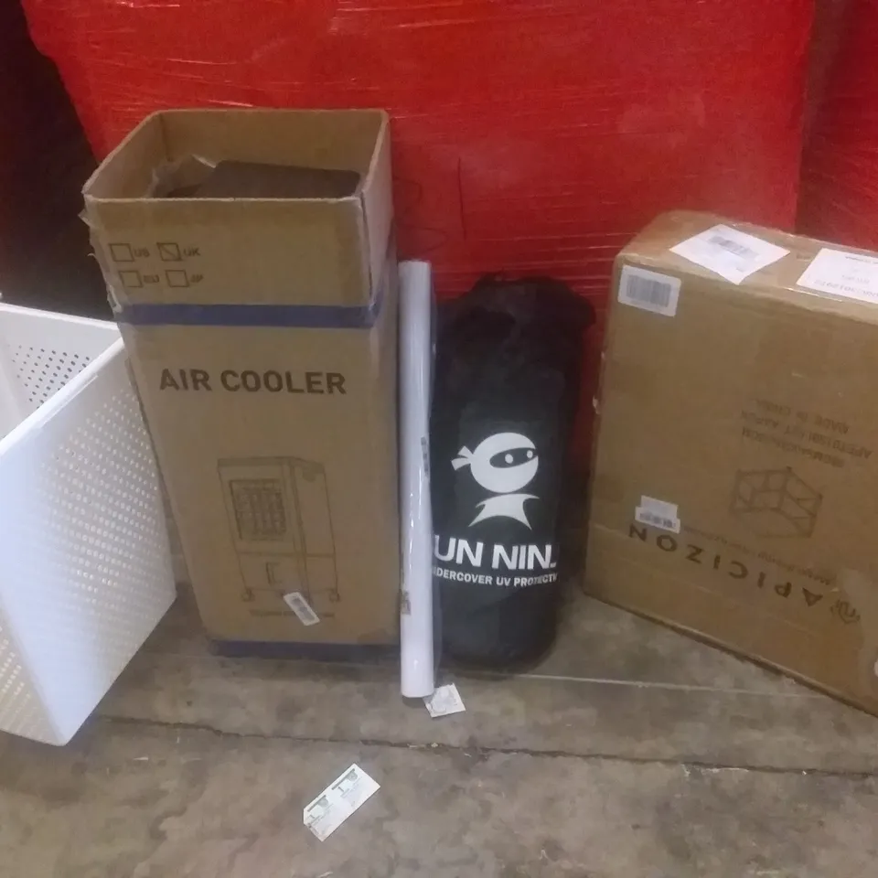 PALLET OF ASSORTED ITEMS INCLUDING AIR COOLER, UNDERCOVER UV PROTECTION, COFFEE TABLE