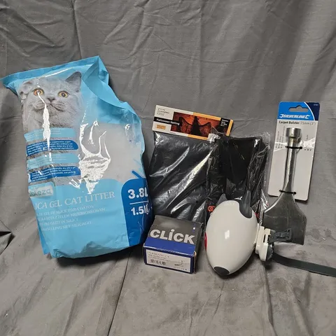 APPROXIMATELY 12 ASSORTED HOUSEHOLD ITEMS TO INCLUDE SILICA GEL LITTER, CARPET BOLSTER, 16A DOUBLE POLE PULL SWITCH, ETC