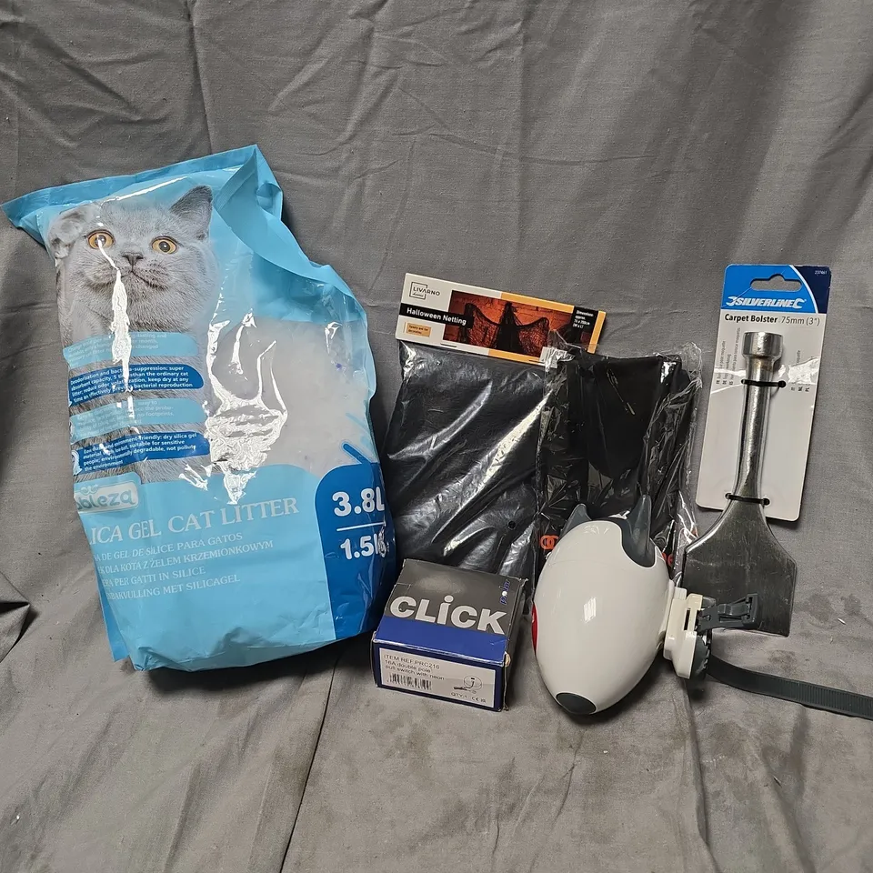 APPROXIMATELY 12 ASSORTED HOUSEHOLD ITEMS TO INCLUDE SILICA GEL LITTER, CARPET BOLSTER, 16A DOUBLE POLE PULL SWITCH, ETC