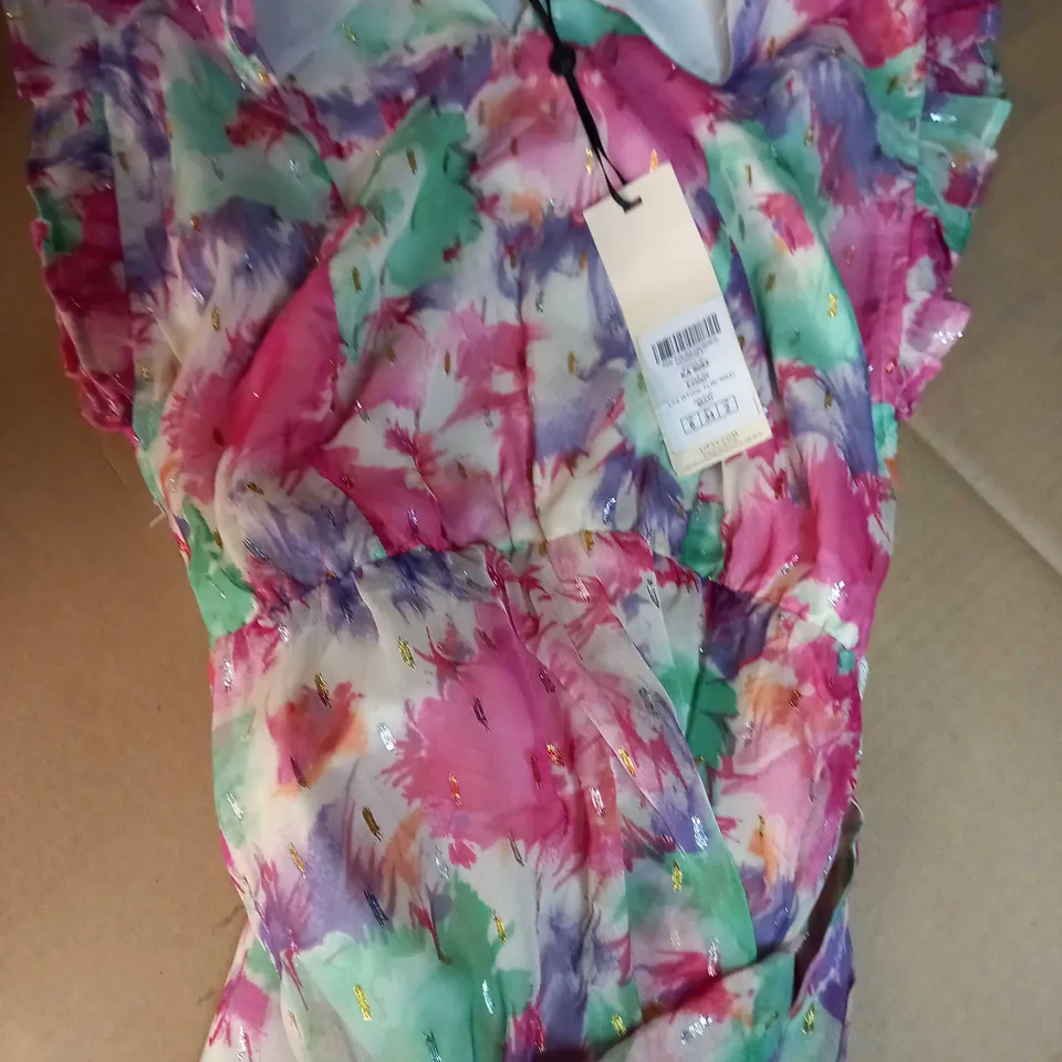 LOVE ROSE FLORAL PINK/GREEN FLORAL FLOWING TIERED DRESS - SIZE 6