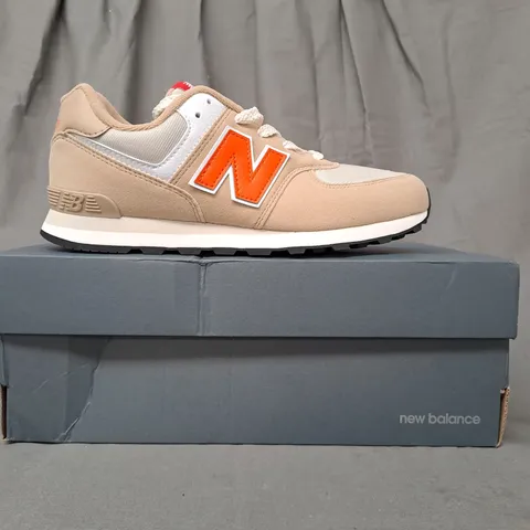 BOXED PAIR OF NEW BALANCE 574 SHOES IN TAN/ORANGE UK SIZE 5