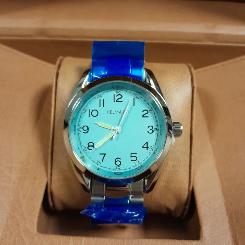 BOXED HELMA DH CHRONOGRAPH WATCH LIGHT BLUE DIAL AND SILVER COLOURED BEZEL