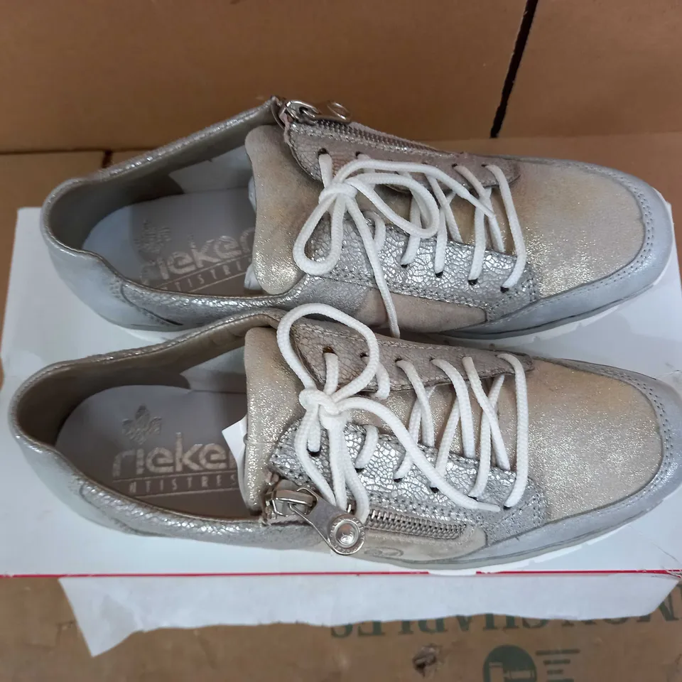 PAIR OF RIEKER METALLIC SILVER LACE UP TRAINERS - SIZE 6.5