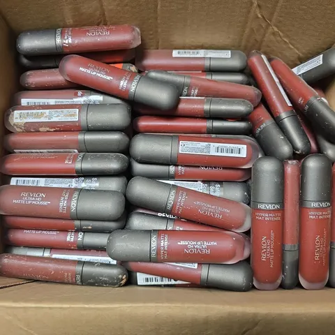 BOX OF APPROXIMATELY 55 ASSORTED REVLON HYPER MATTE MAT INTENSE LIP MOUSE 
