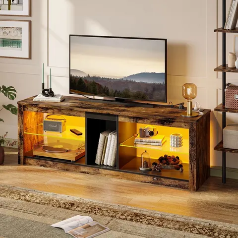 BOXED AALEIGHA 55" TV STAND CABINET UP FOR UP TO 65" TVS WITH 3 POWER OUTLETS & 2 USB PORTS WITH GLASS SHELF AND RGB LED (1 BOX)