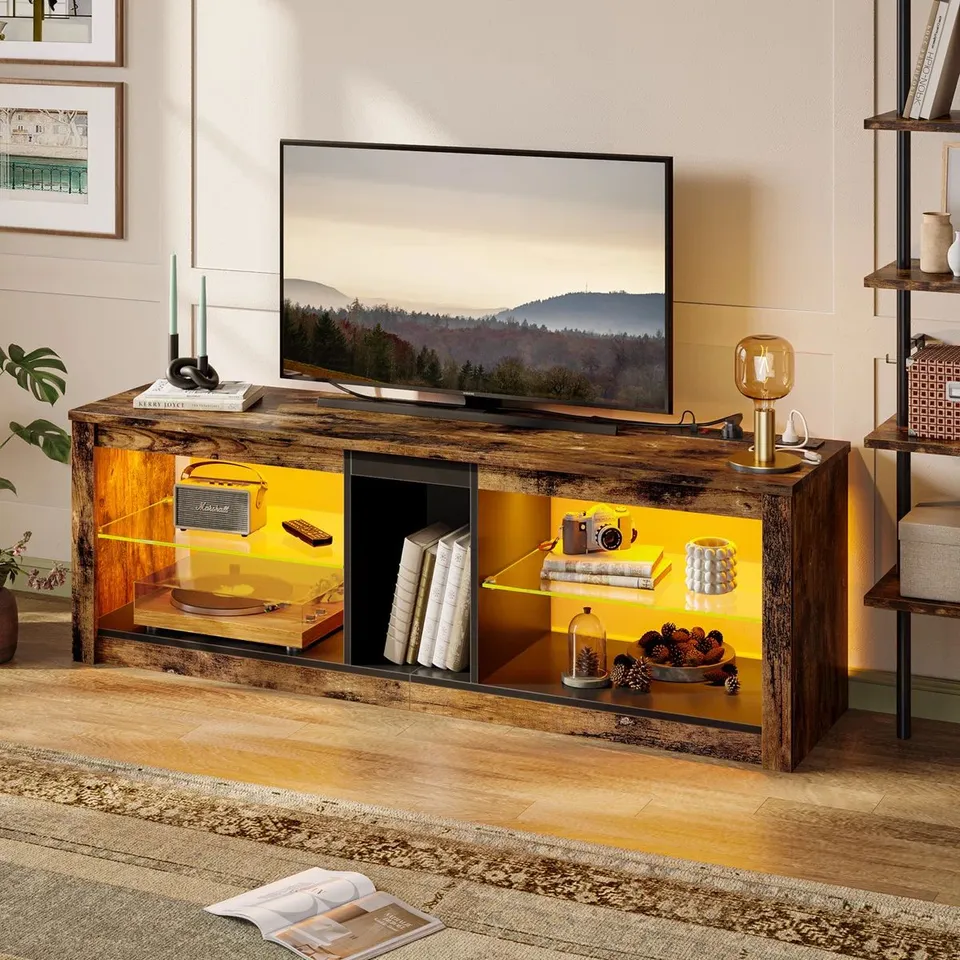 BOXED AALEIGHA 55" TV STAND CABINET UP FOR UP TO 65" TVS WITH 3 POWER OUTLETS & 2 USB PORTS WITH GLASS SHELF AND RGB LED (1 BOX)