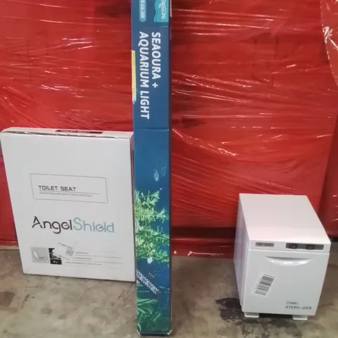 PALLET OF ASSORTED HOUSEHOLD GOODS AND PRODUCTS TO INCLUDE;TOILET SEAT,AQUARIUM LIGHT,TOWEL WARMER MACHINE 