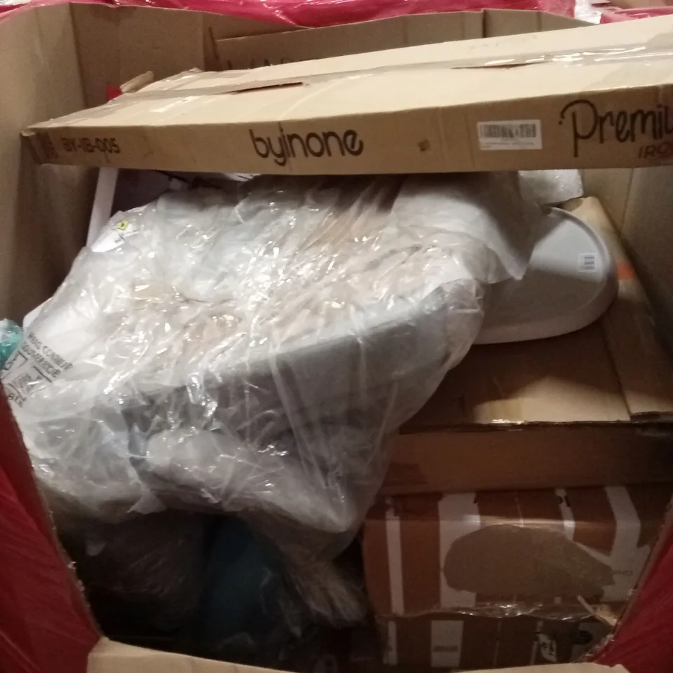 PALLET OF ASSORTED HOUSEHOLD GOODS AND PRODUCTS TO INCLUDE; IRONING BOARD, BABY/CHILD PRODUCTS, BOXED FURNITURE ETC