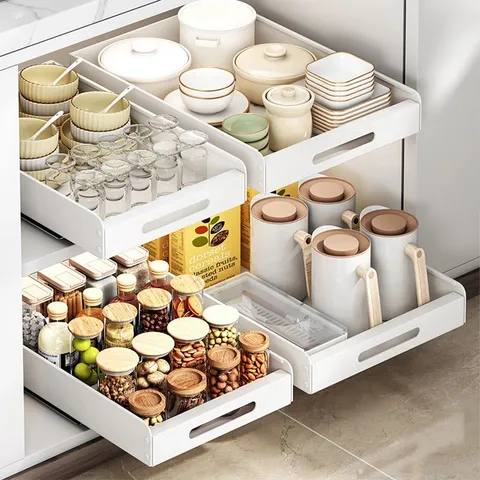 BOXED PULL OUT CABINET ORGANIZER STURDY CARBON STEEL ADHESIVE SLIDE OUT CABINET DRAWER PULL OUT SHELF