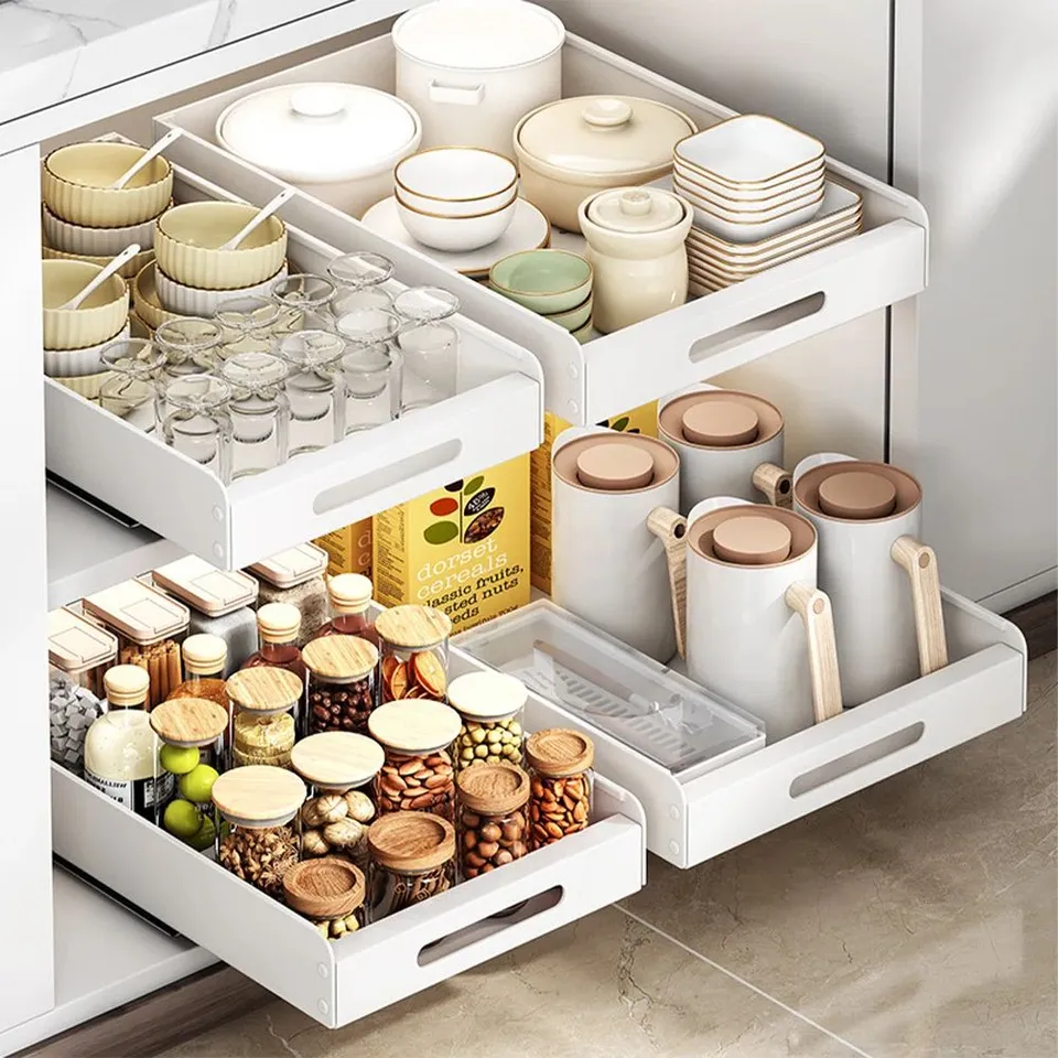 BOXED PULL OUT CABINET ORGANIZER STURDY CARBON STEEL ADHESIVE SLIDE OUT CABINET DRAWER PULL OUT SHELF 