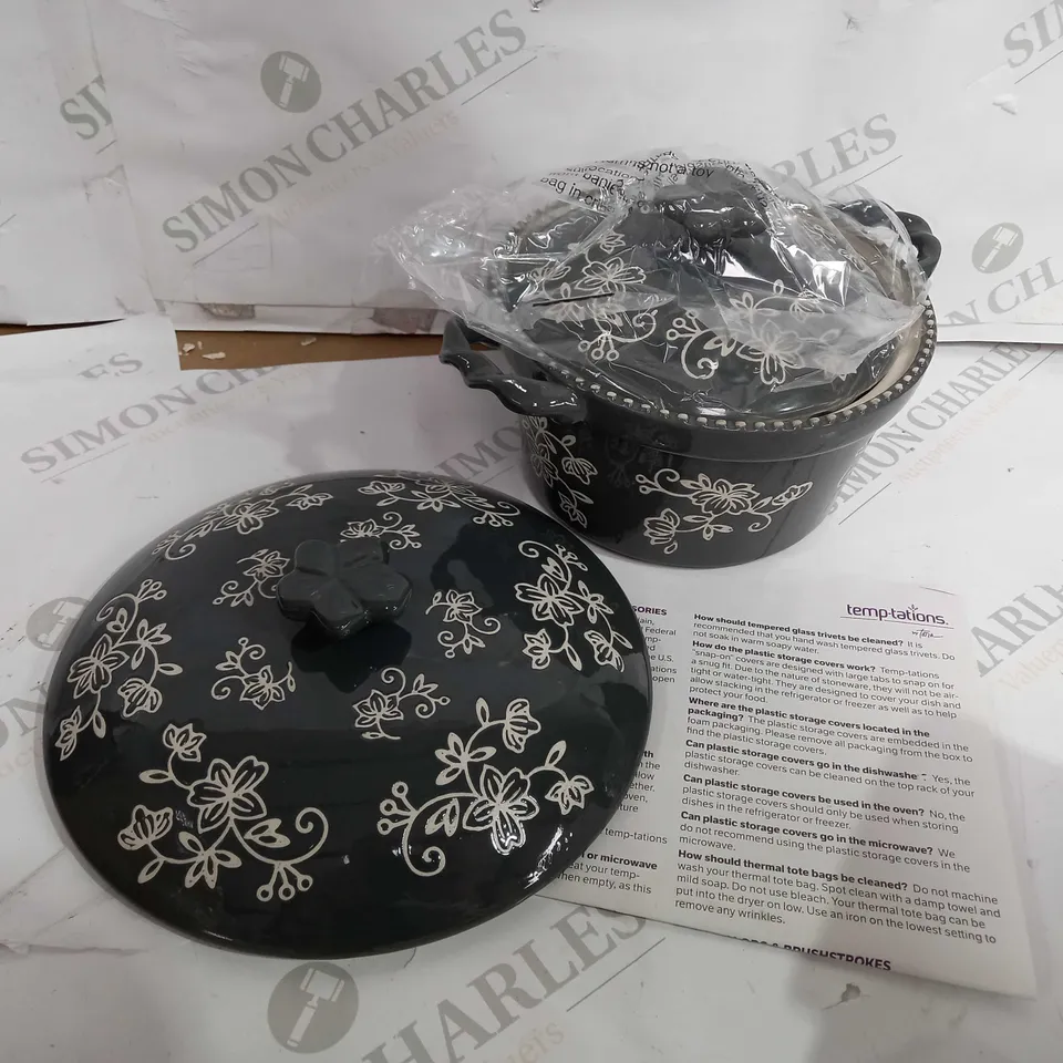 TEMP-TATIONS CERAMIC ROUND CASSEROLE BAKERS GREY