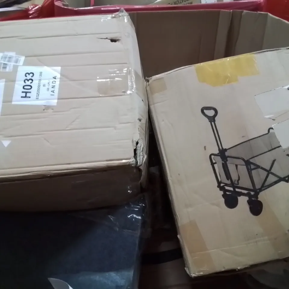 PALLET OF ASSORTED HOUSEHOLD GOODS AND PRODUCTS TO INCLUDE;PILATES BOARD,KIDS TRAMPOLINE,POOL CUE CASE,BODY WORKOUT