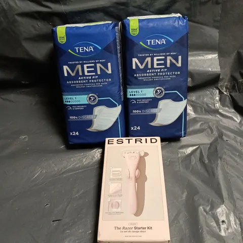 BOX OF APPROXIMATELY 10 ASSORTED COSMETIC ITEMS INCLUDING TENA MEN (24 PACK) AND ESTRID RAZOR STARTER KIT