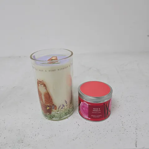JOHN LEWIS ROSE & VANILLA SCENTED CANDLE IN TIN + CAT-THEMED GLASS CANDLE 