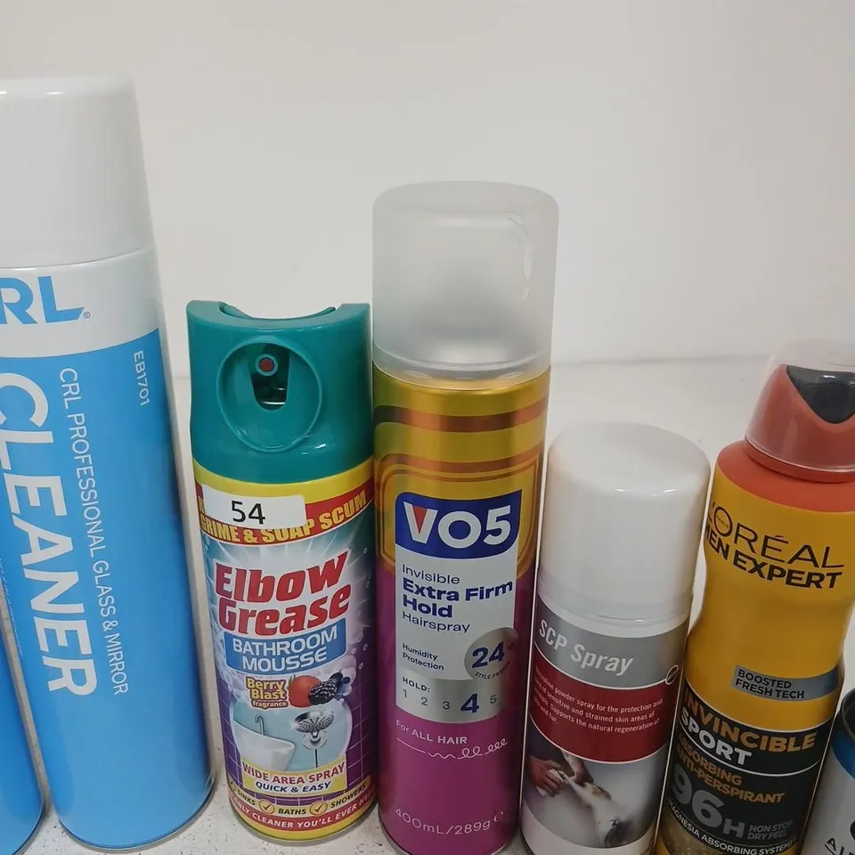 APPROXIMATELY 16 ASSORTED AEROSOLS TO INCLUDE; ASSORTED AEROSOL SPRAYS AND CLEANERS – CRL CLEANER, SCP SPRAY, ELBOW GREASE, VO5, L’ORÉAL EXPERT (LOT)