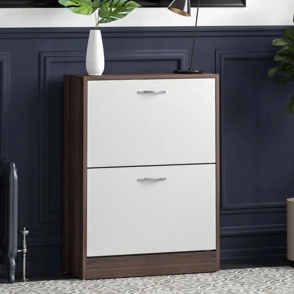 BOXED 8 PAIR FLIP DOWN SHOE STORAGE CABINET ORGANISER HALLWAY FURNITURE - WALNUT & WHITE