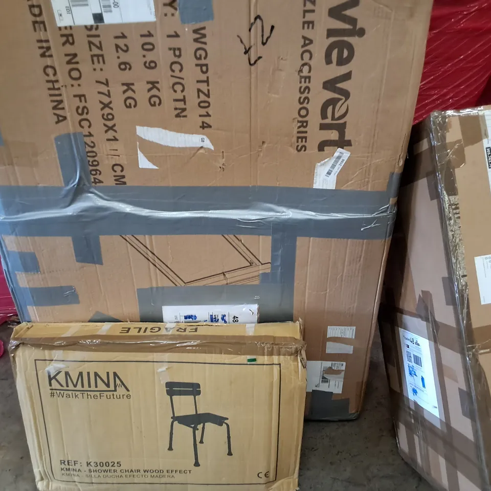 PALLET OF ASSORTED HOUSEHOLD ITEMS TO INCLUDE VARIOUS BOXED FURNITURE PIECES