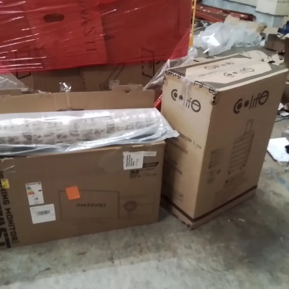 PALLET OF ASSORTED HOUSEHOLD GOODS AND PRODUCTS TO INCLUDE;240HZ FULL HD MONITOR,AREA RUG,SUITCASE 
