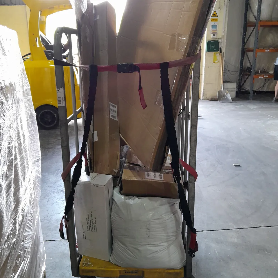 CAGE OF 12 ASSORTED ITEMS TO INCLUDE: BAG OF SOIL, 2 ROLLS OF WALLPAPER, BEAN BAG ETC
